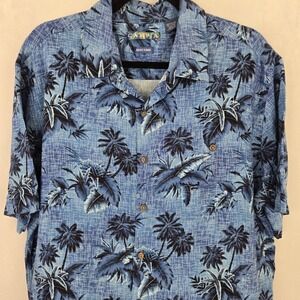 Campia Mens XL Blue Tropical Palm Tree Rayon Button Up Hawaiian Shirt‎ Easy Care
